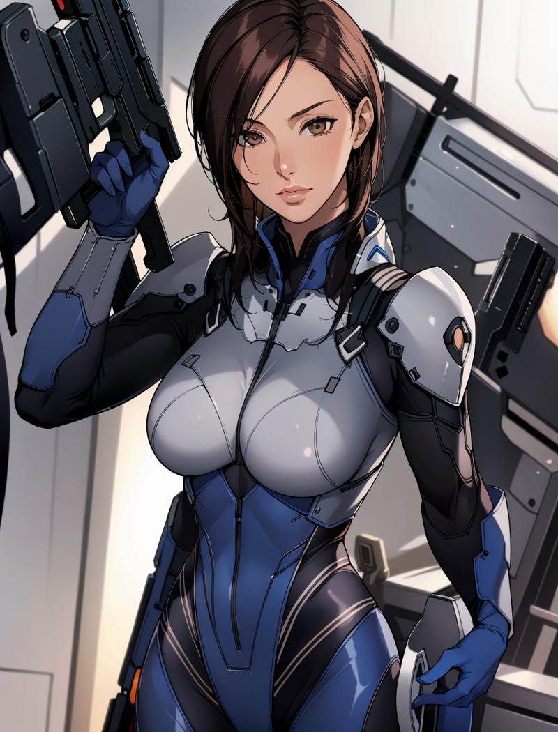 00315-meichilightMix_v10-3856340406-AshleyME, 1girl, solo, looking at viewer, brown hair, black hair, gloves, brown eyes, weapon, lips, gun, bodysuit, science ficti .png